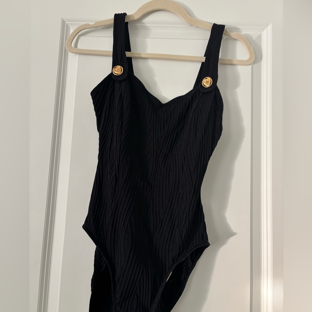 Vintage Ruched Black Bathing Suit Bodysuit Heart Angel Gold Buttons